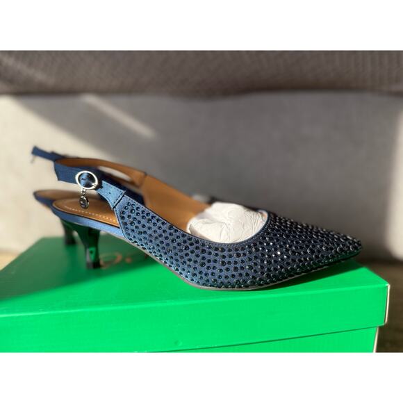 New J.Renee Ferryanne 7.5 Navy‎ Satin Rhinestones Slingback Kitten Heel - Picture 3 of 8